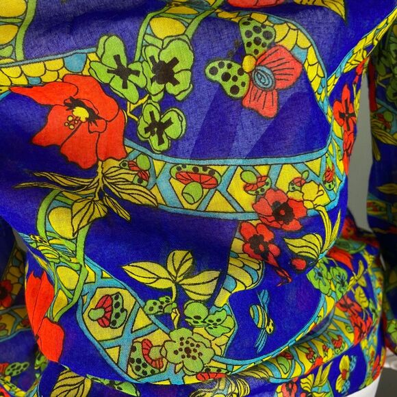 Vintage 70s Lanz Novelty Mushroom Butterfly Poppies Bee Sheer Blouse Tunic Shirt - Picture 9 of 13
